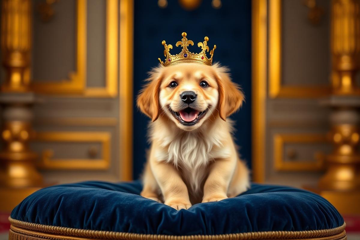 Cachorro feliz usando coroa dourada em almofada de veludo azul